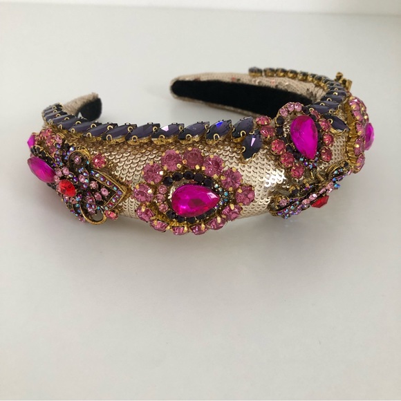 Handmade Hairband Headband Gold Pink Multicoloured Rhinestone Wedding Occasion - Picture 16 of 16